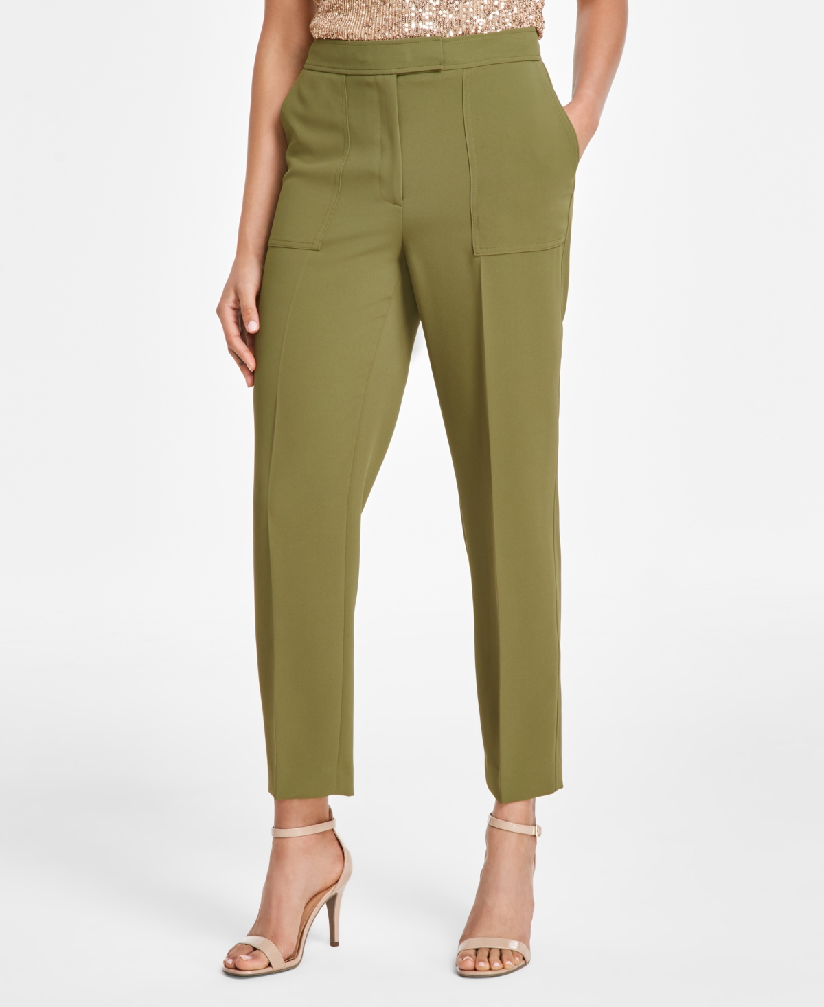 Petite Twill High Rise Fly-Front Ankle Pants - Bay Leaf