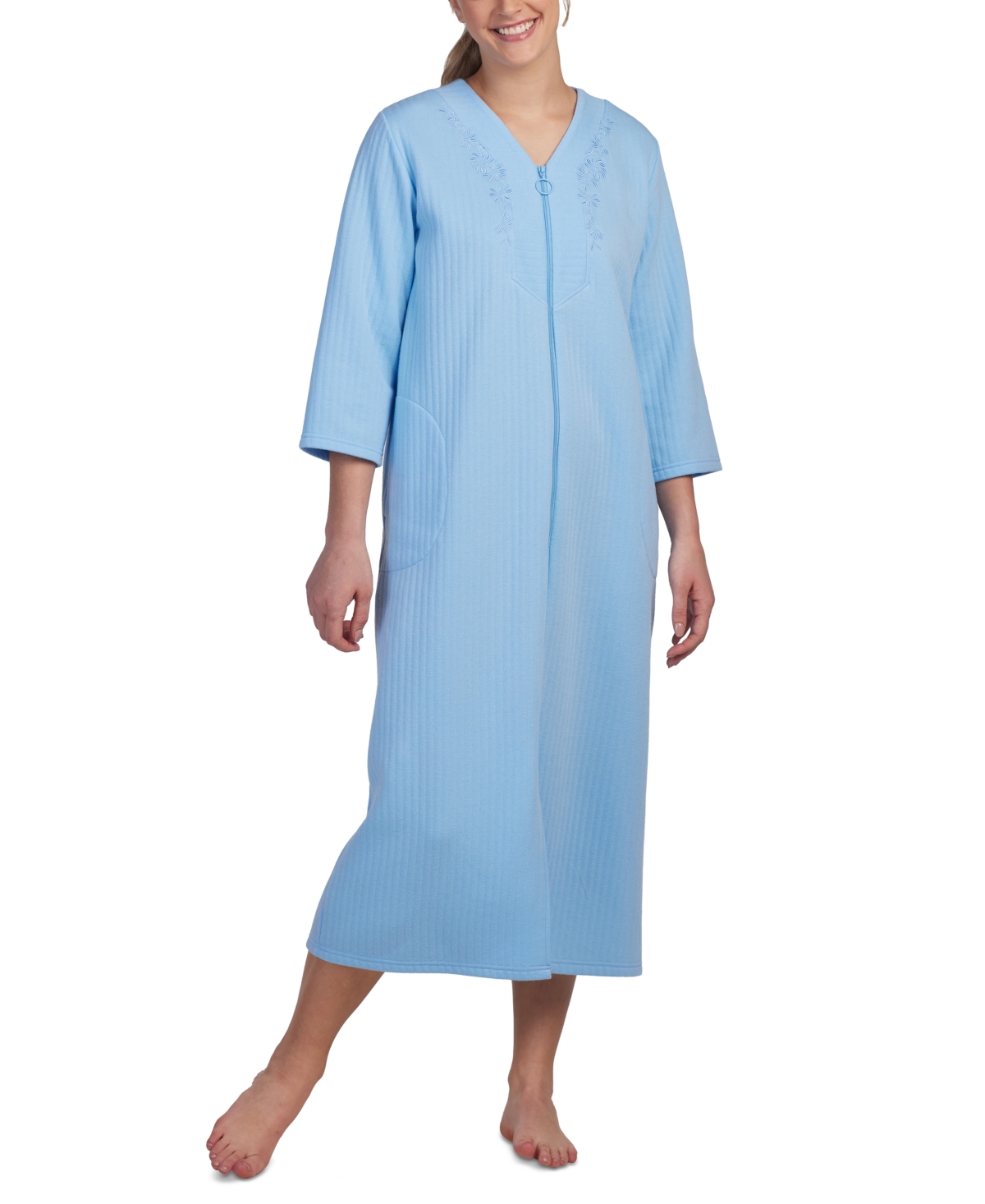 Miss Elaine Women's Quilted Zip-front 3/4-sleeve Robe In Blue