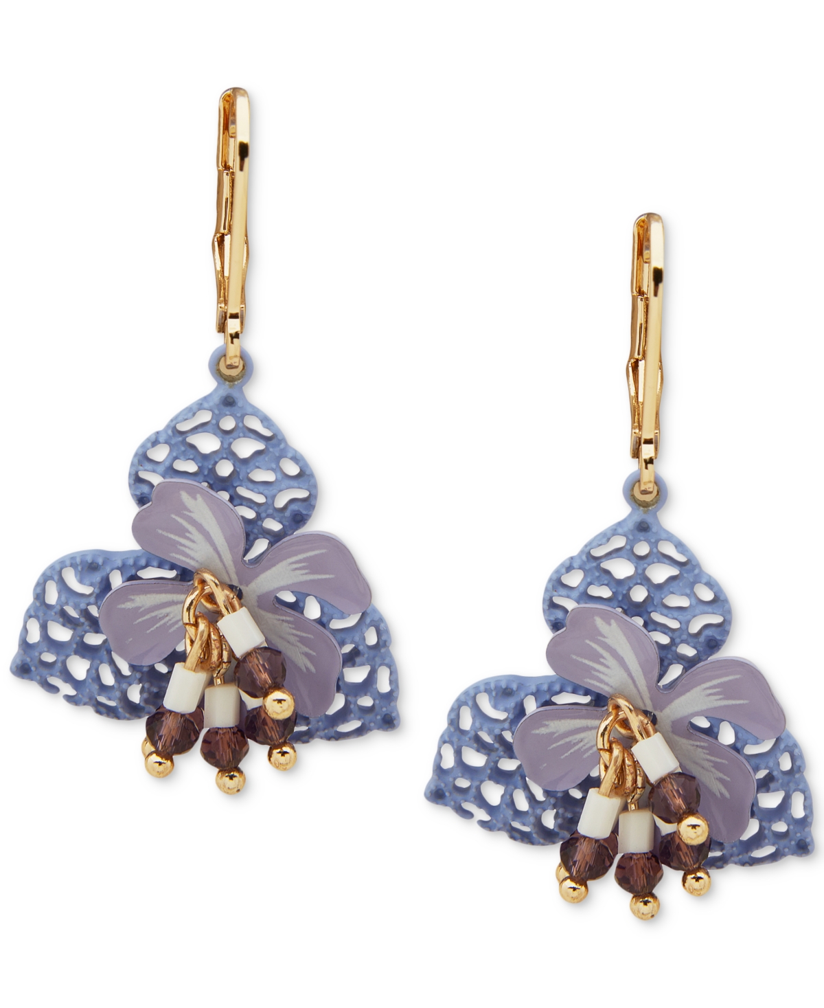 Shop Lonna & Lilly Gold-tone Beaded 3d Openwork Flower Drop Earrings In Purple