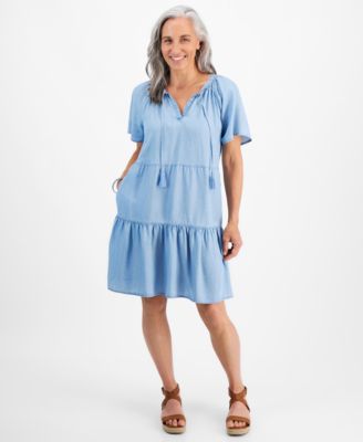 Style & Co - Petite Tiered Chambray Shirt Dress