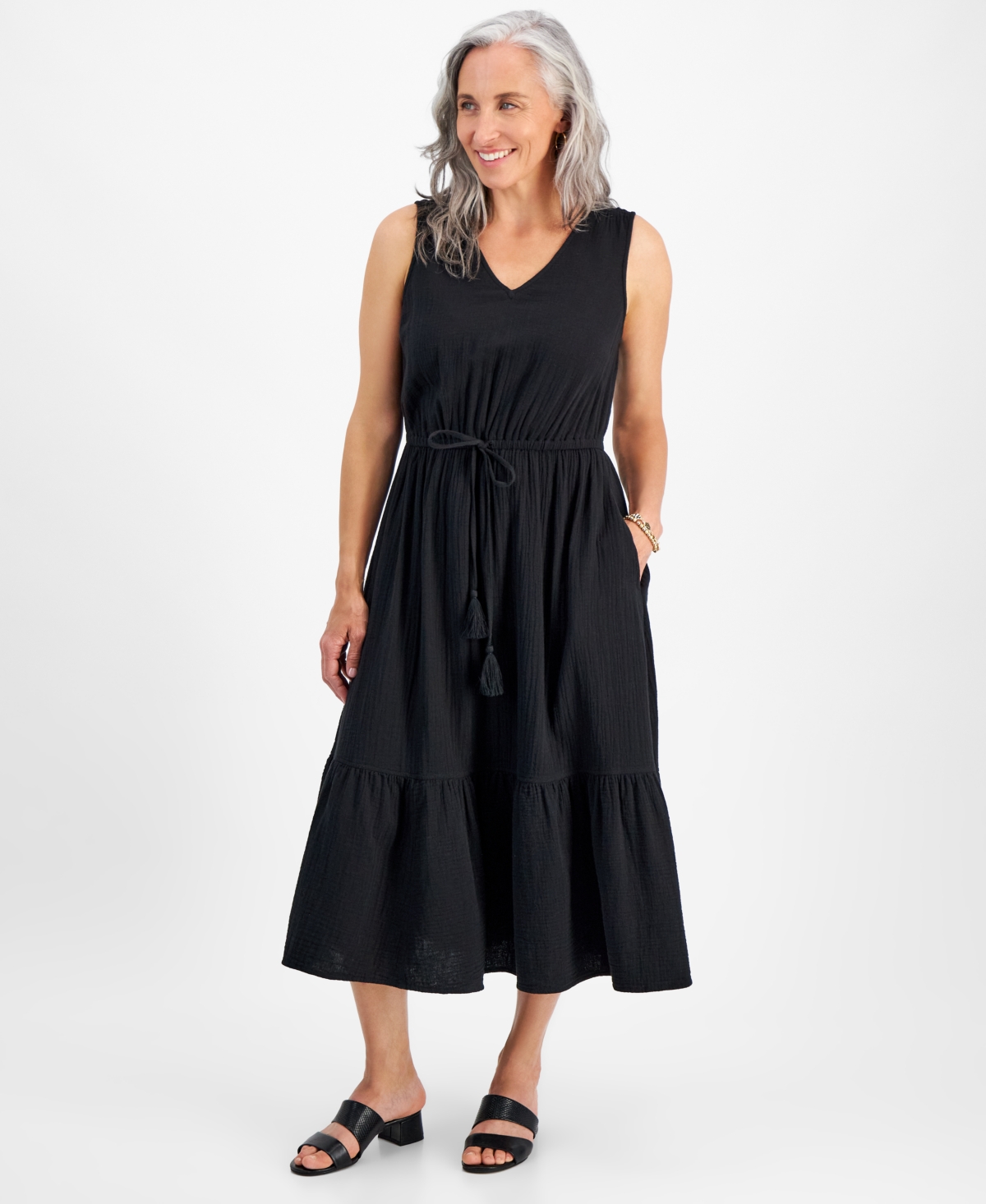 Shop Style & Co Petite Cotton Sleeveless Midi Dress, Created For Macy's In Deep Black