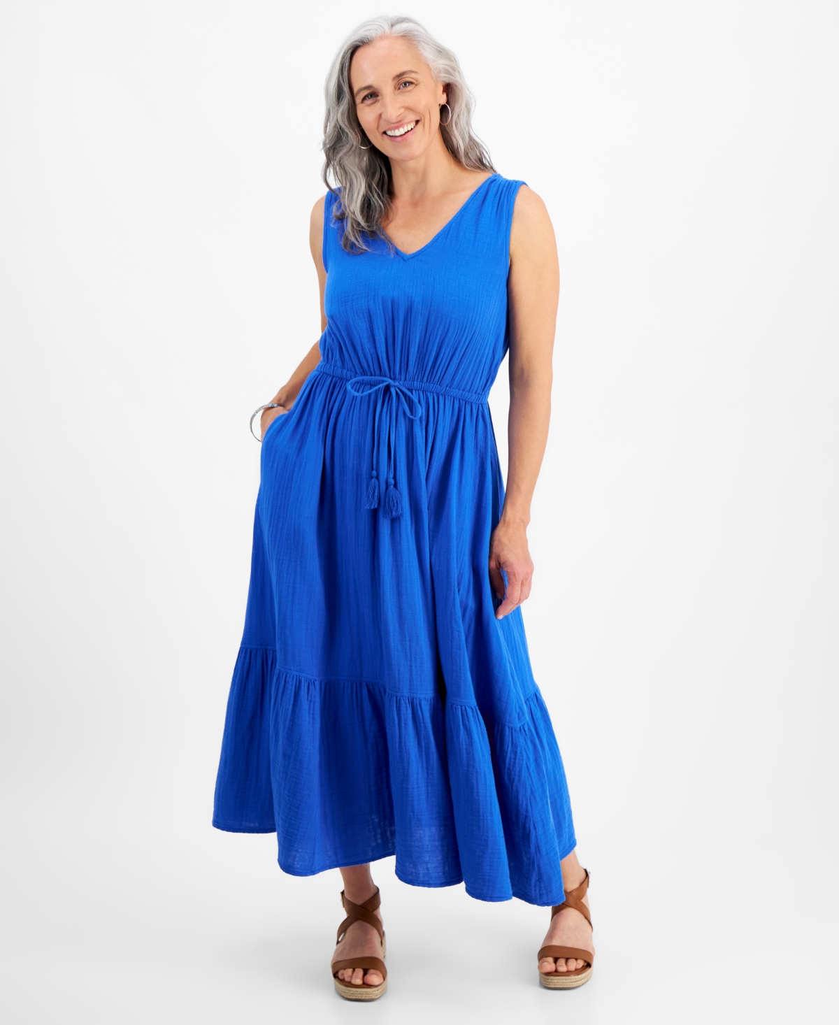 Style & Co Petite Cotton Sleeveless Midi Dress, Created For Macy's In Cosmic Cobalt