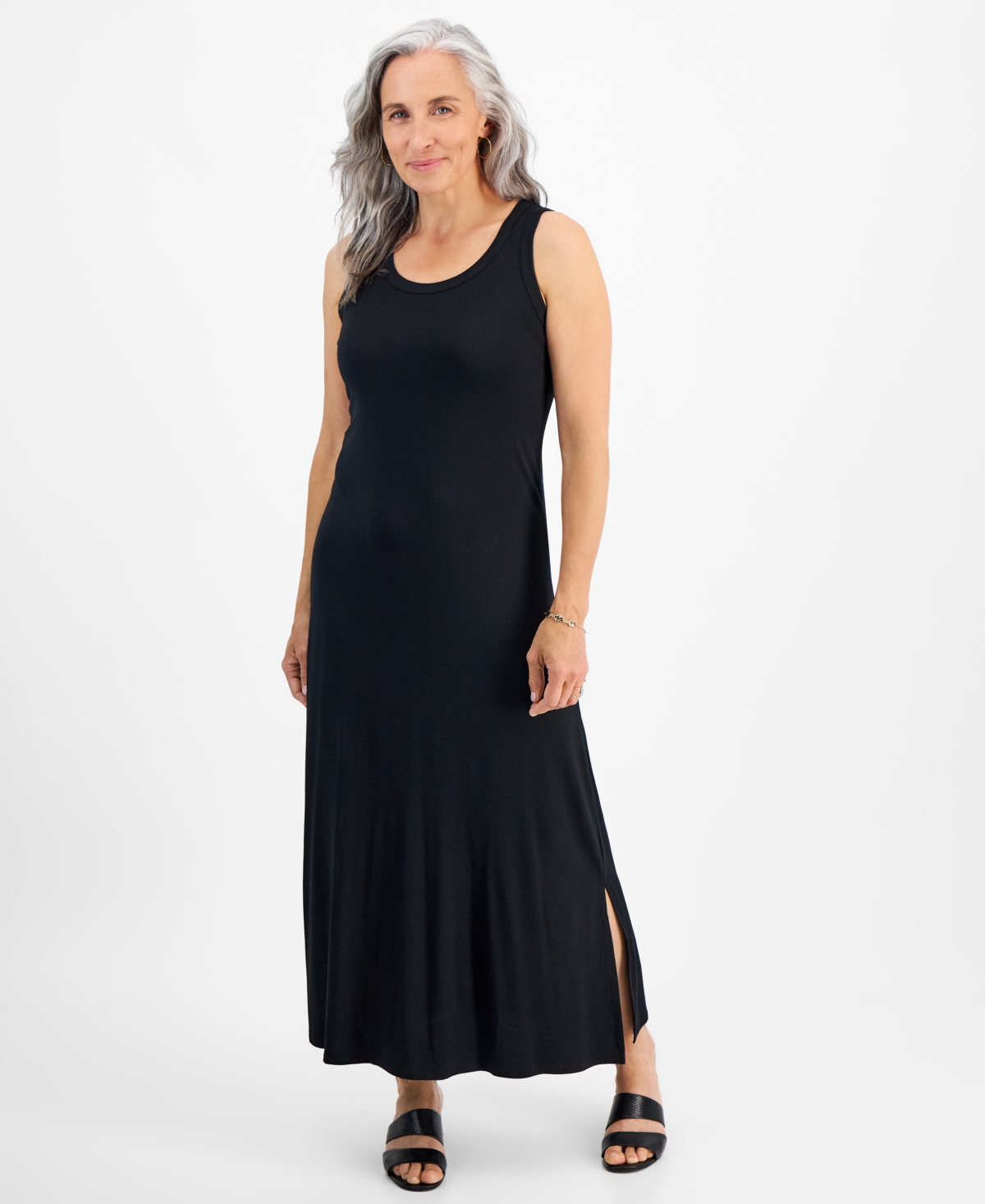 Style & Co Petite Sleeveless Side Slit Knit Maxi Dress, Created For Macy's In Deep Black