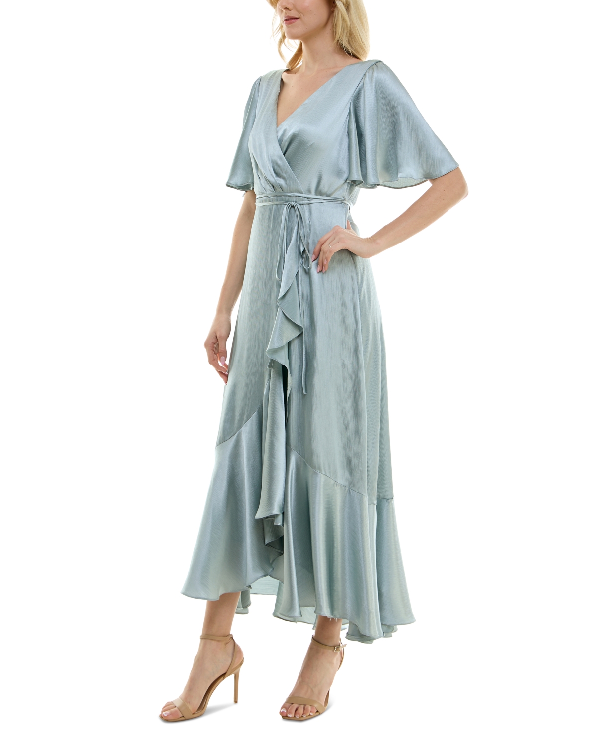 Shop Taylor Women's Satin Tie-waist Flounce-sleeve Dress In Seafoam