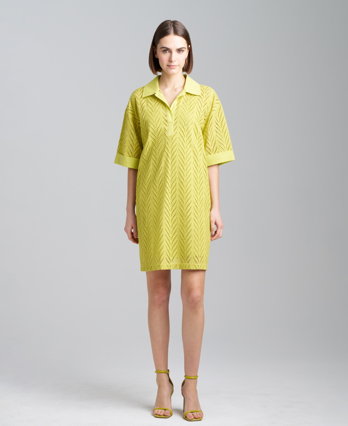 Women's Cotton Eyelet-Design Mini Shirtdress - Citron