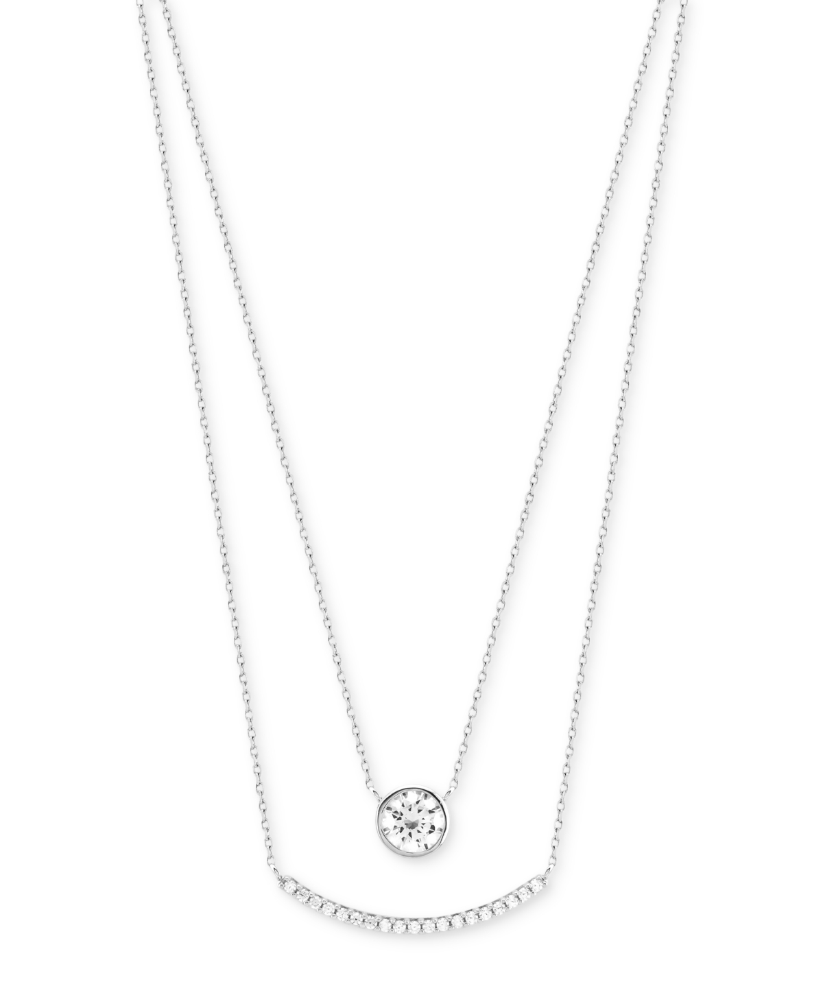 Cubic Zirconia Bezel & Curved Bar Layered Necklace in Sterling Silver, 16" + 2" extender - Sterling Silver