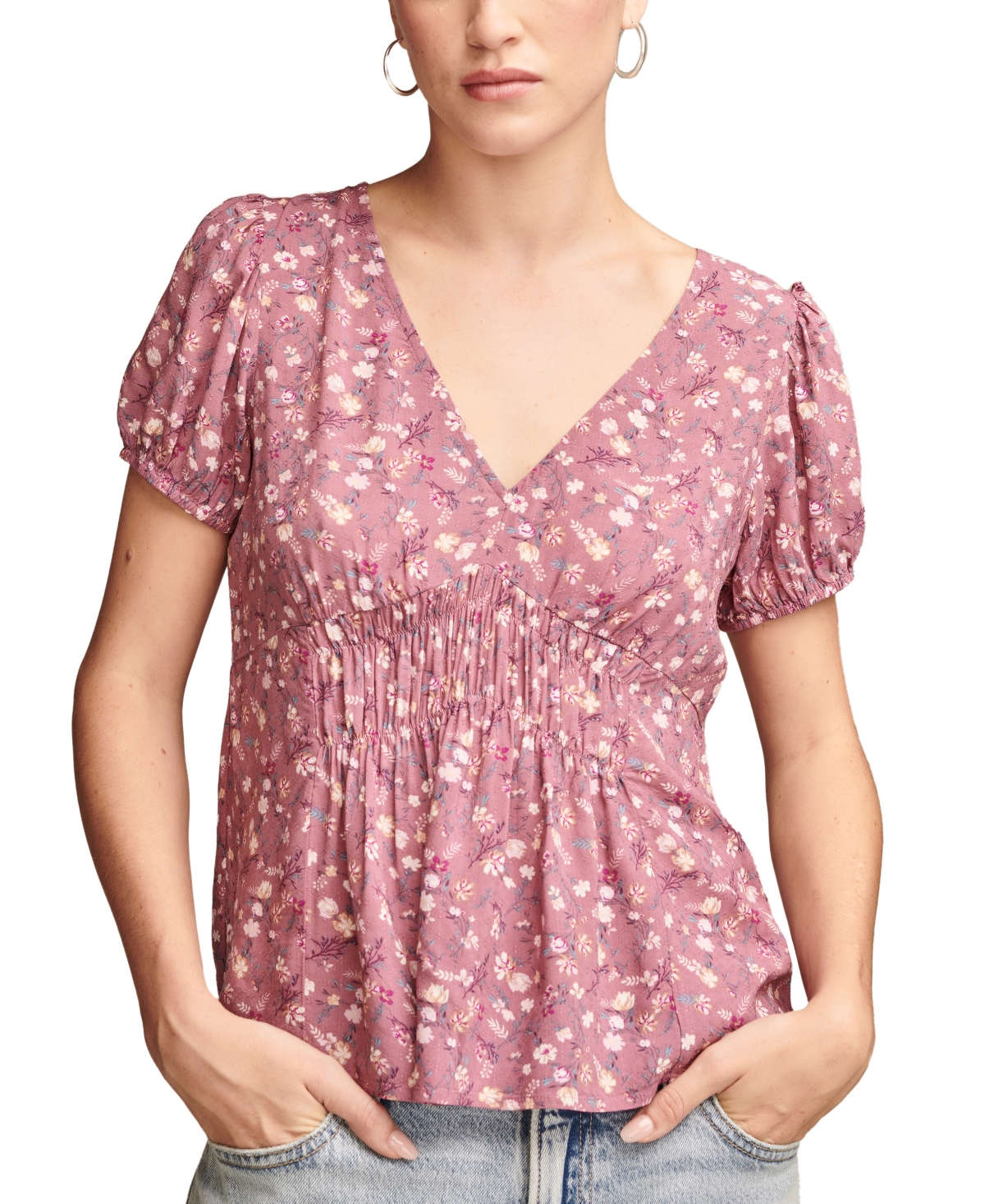 Shop Lucky Brand Women's Floral-print Wide-smocked Short-sleeve Top In Almost Mauve Multi