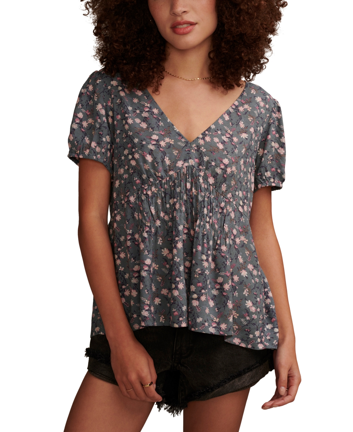 Shop Lucky Brand Women's Floral-print Wide-smocked Short-sleeve Top In Green Multi