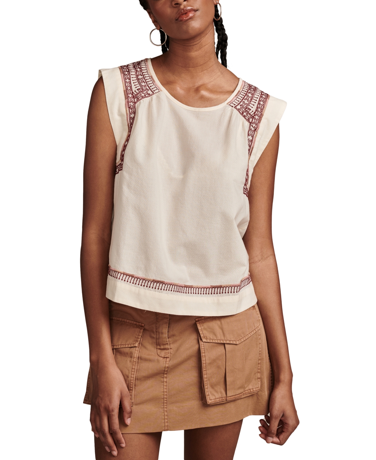 Shop Lucky Brand Women's Embroidered High-low Cotton Sleeveless Blouse In Gardenia