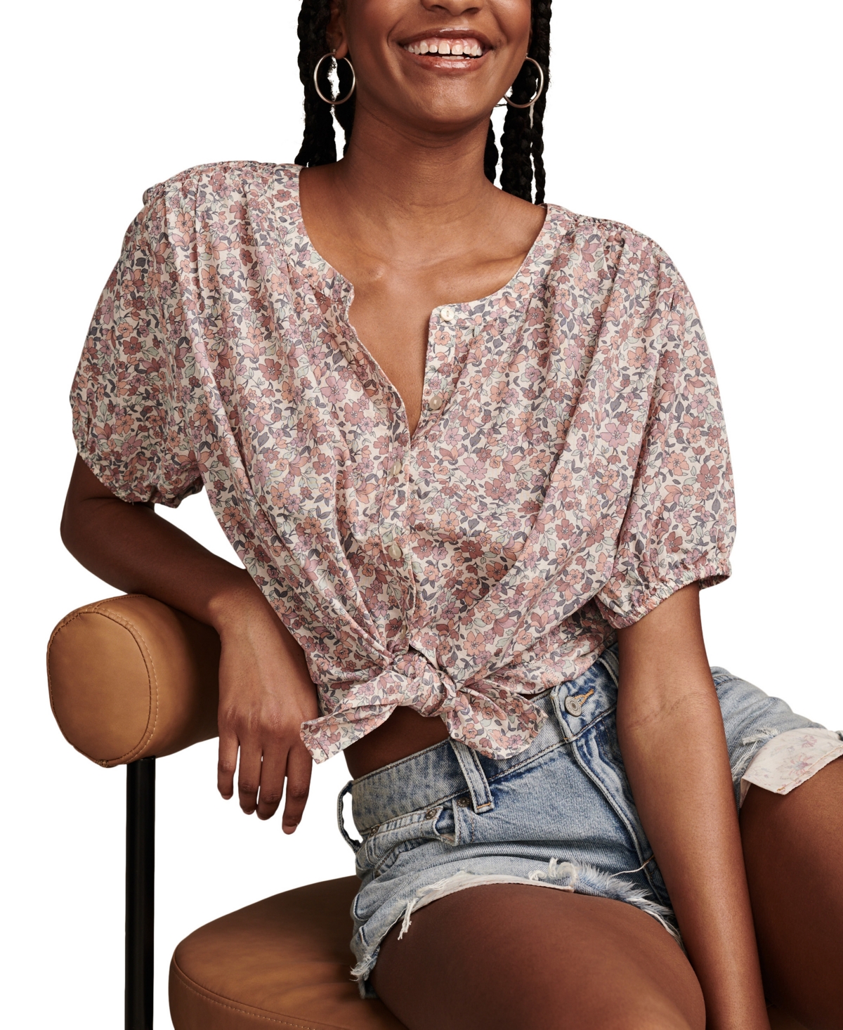 Lucky Brand Women's Printed Cotton Smocked-Trim Blouse