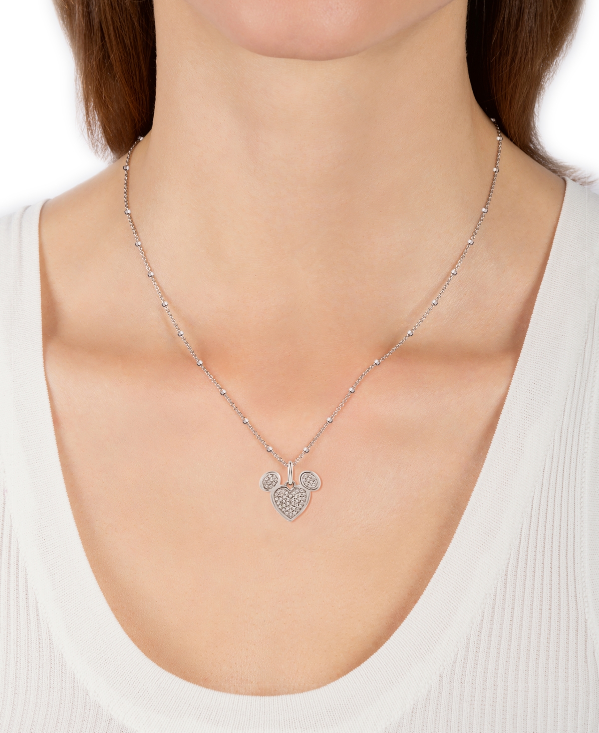 Wonder Fine Jewelry Disney  Diamond Cluster Mickey Mouse Heart 18" Pendant Necklace (1/6 Ct. T.w.) In In Sterling Silver