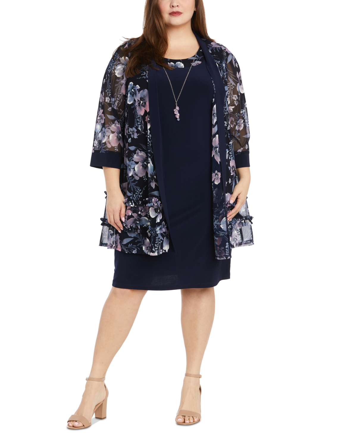 Plus Size Floral Mesh Jacket and Contrast-Trim Sleeveless Dress - Navy/pink