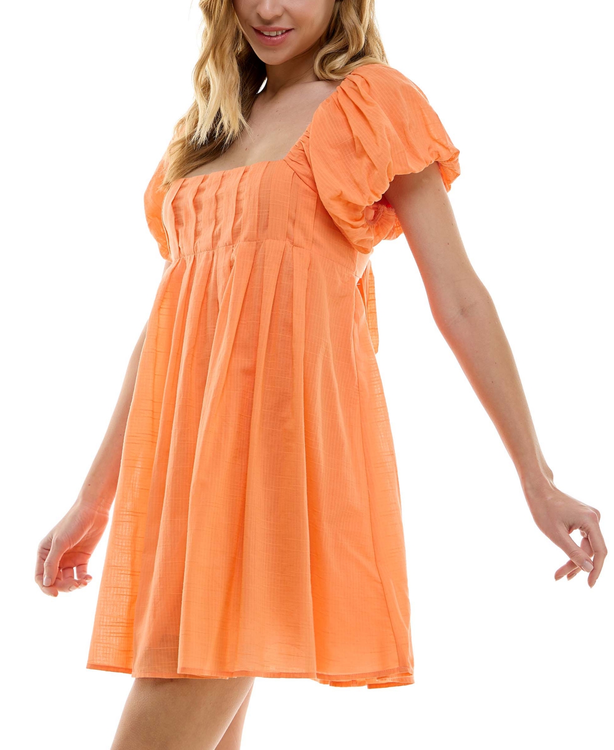 Shop City Studios Juniors' Square-neck Puff-sleeve Strappy-back Dress In Cantaloupe
