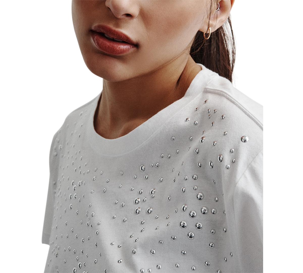 Dkny Jeans Women's Scattered-Dome-Studs Boxy T-Shirt - Wtl - Wht/silver