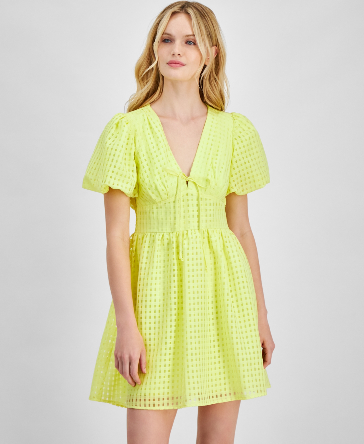 Shop City Studios Juniors' V-neck Puff-sleeve Windowpane Check Dress In Yellow