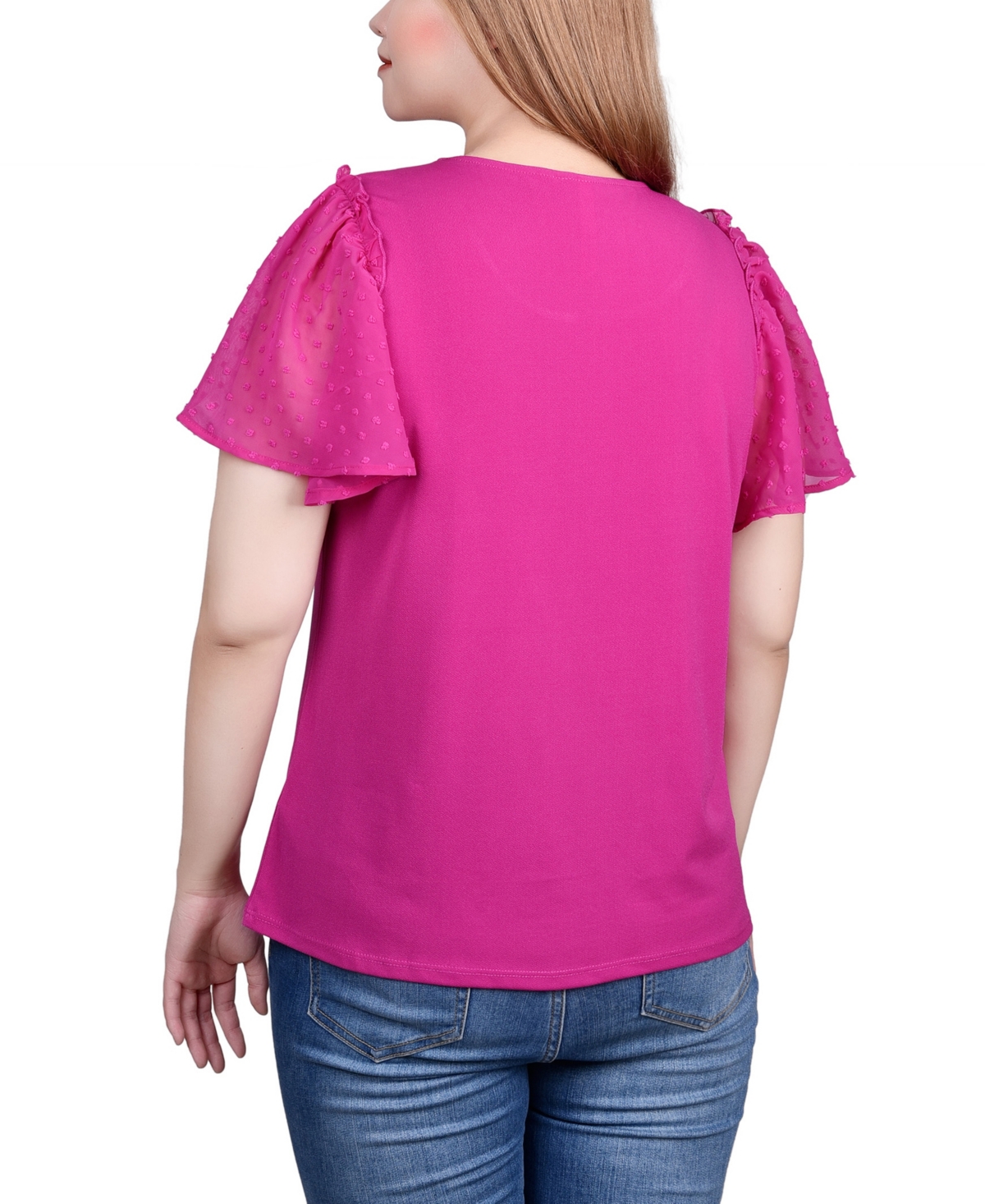 Ny Collection Petite Clip Dot Flutter Sleeve Top In Fushia Red
