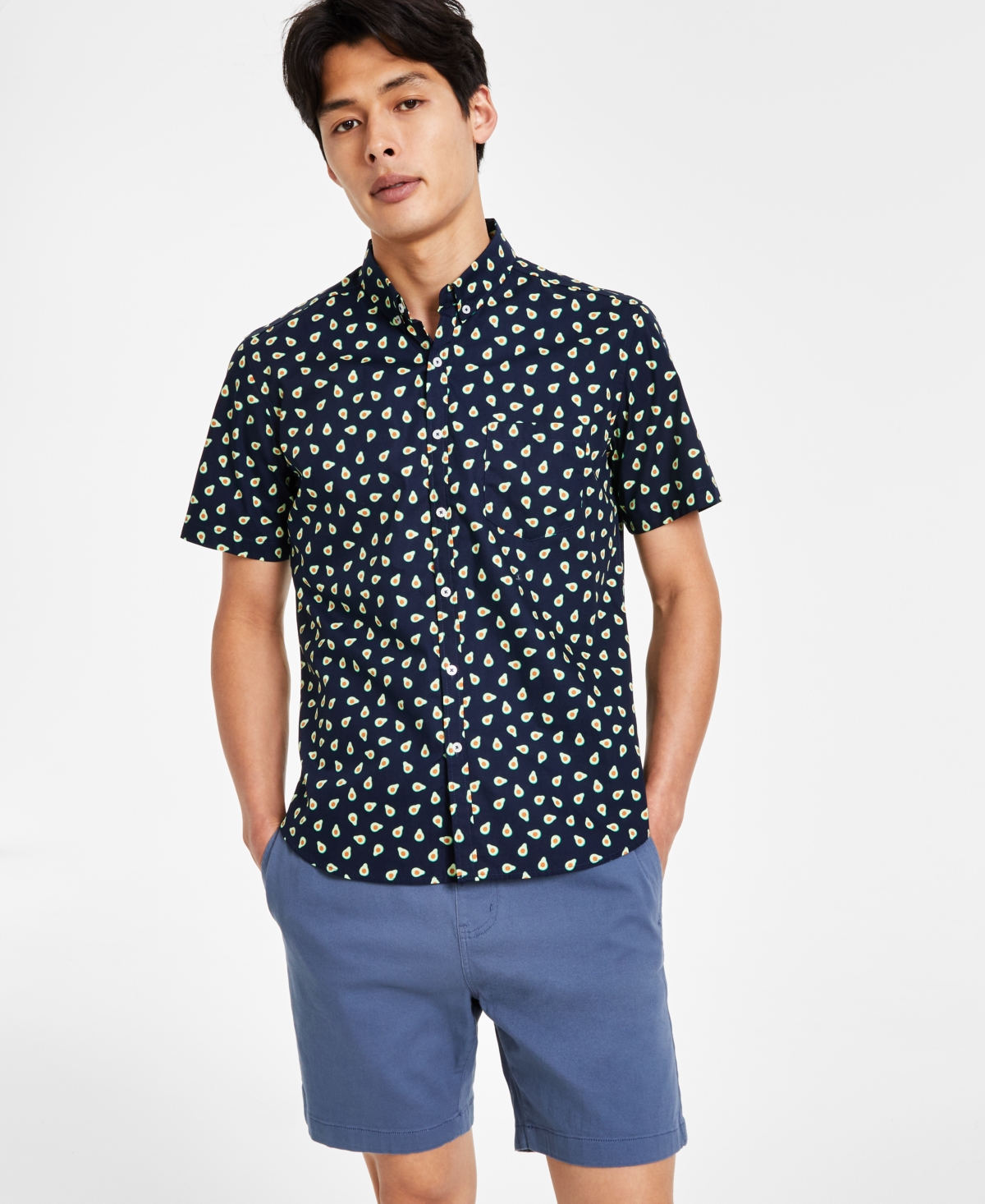 Shop Public Art Men's Cotton Avocado-print Button Shirt In Navy