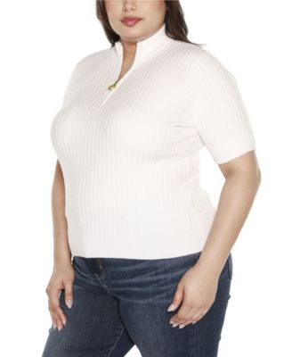 Black Label Plus Size Mock Neck Zip Front Ribbed Short Sleeve Sweater