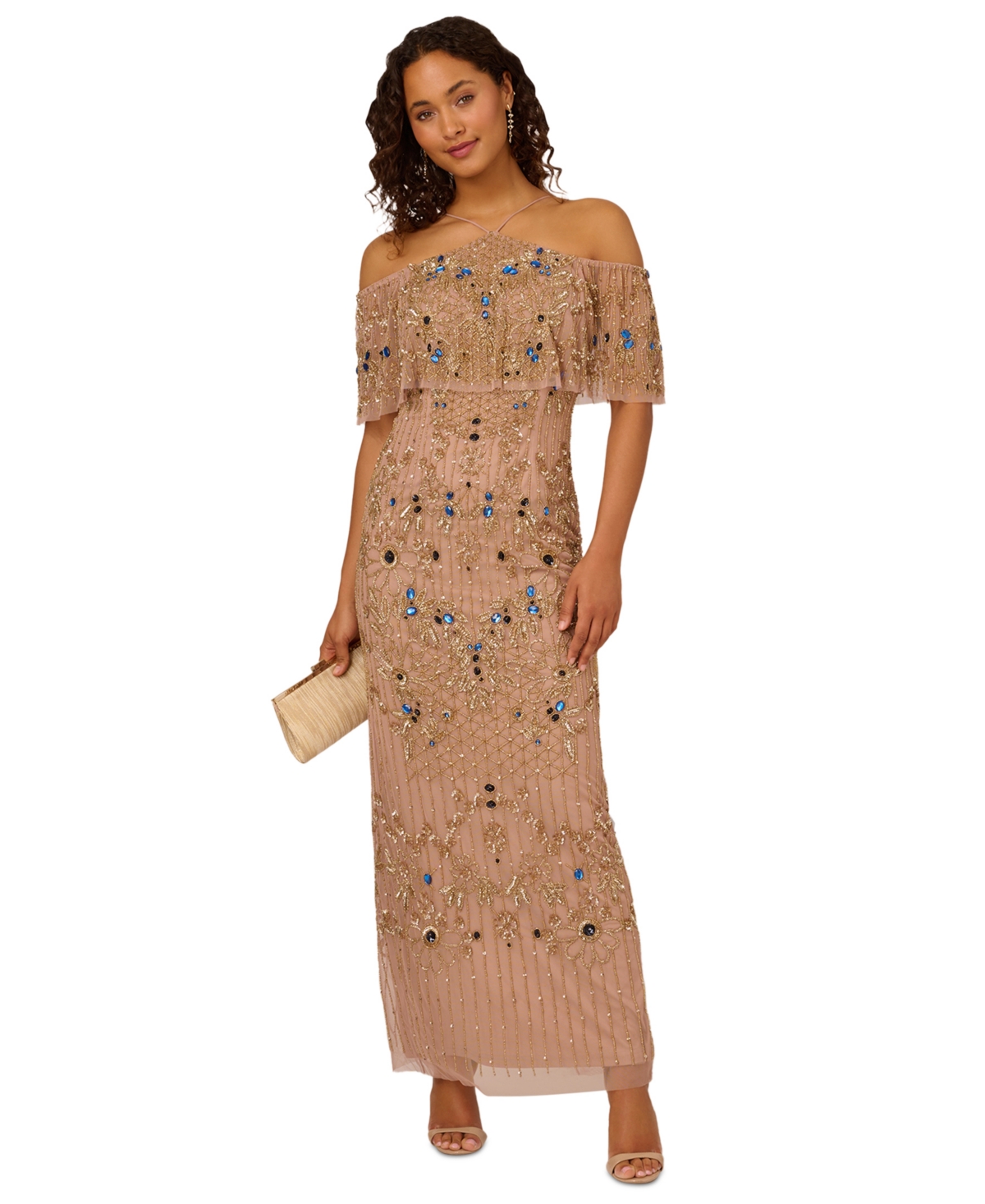 Women's Beaded Mesh Cold-Shoulder Gown - Rose Gold