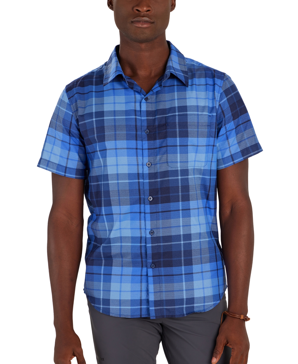 Shop Marmot Men's Aerobora Patterned Button-up Short-sleeve Shirt In Twilight Blue Wayland Plaid