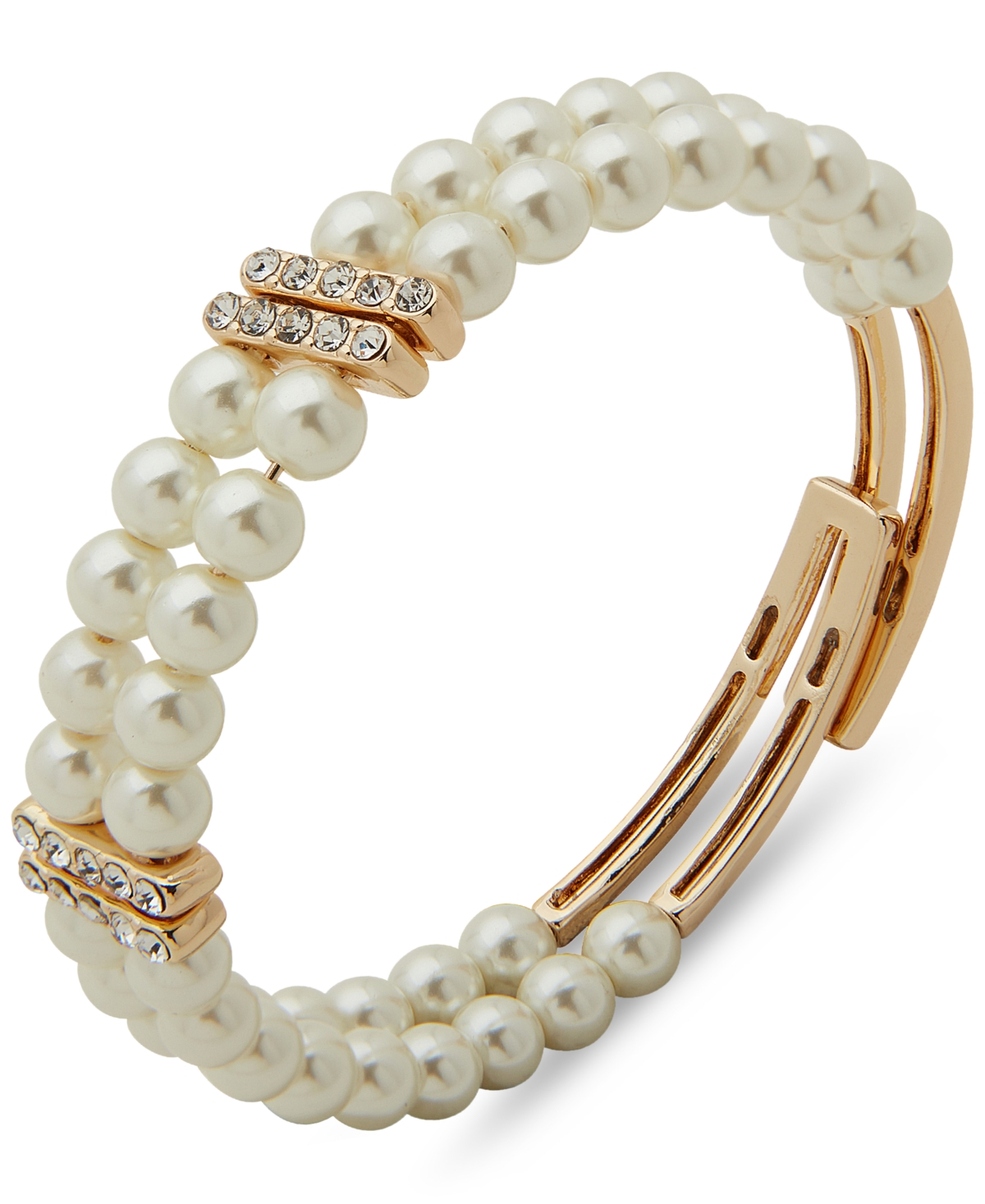 Shop Anne Klein Gold-tone Pave & Imitation Pearl Double-row Coil Bracelet In Crystal