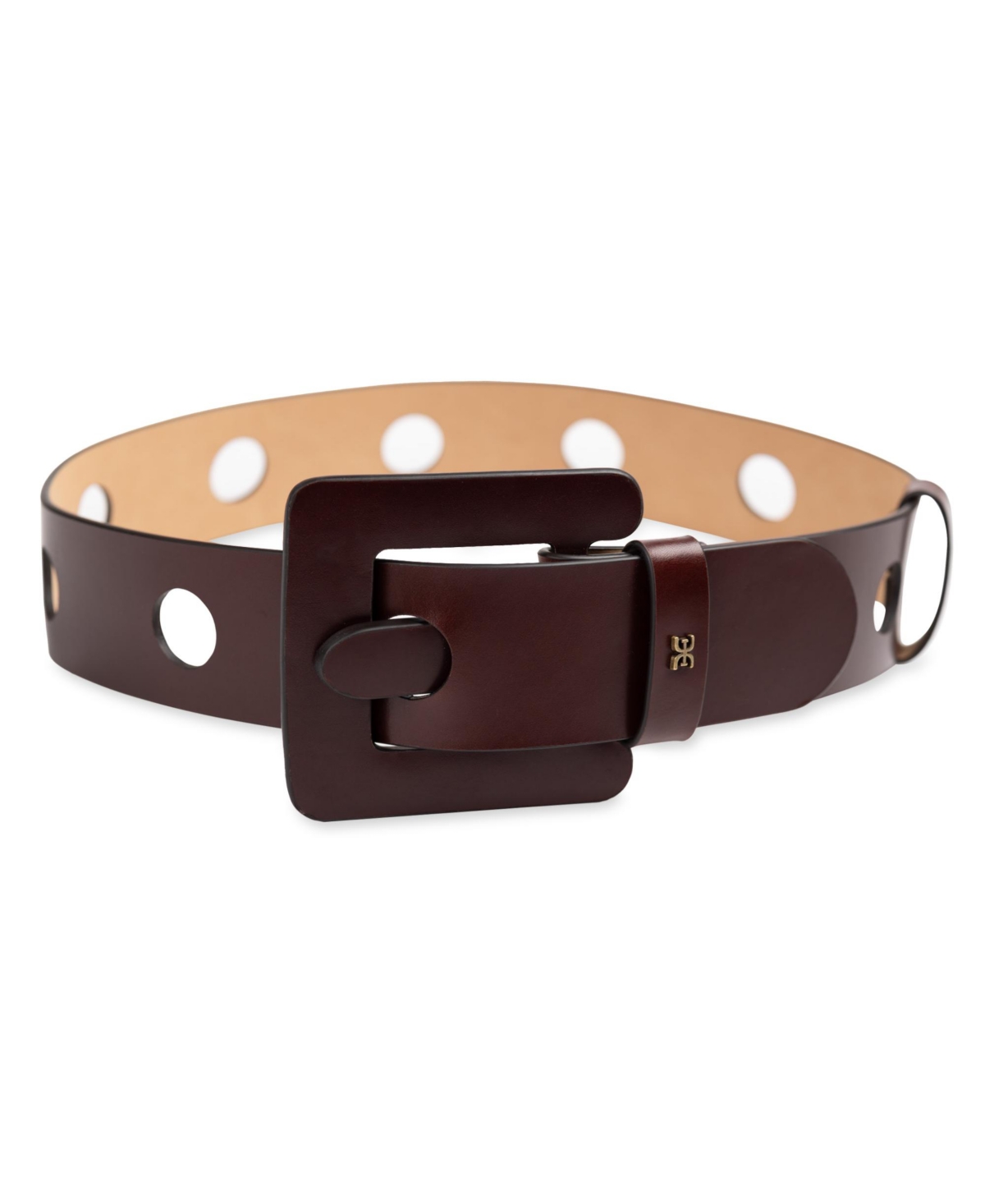 Women's Perforated Leather Belt with Leather Covered Buckle - Brown