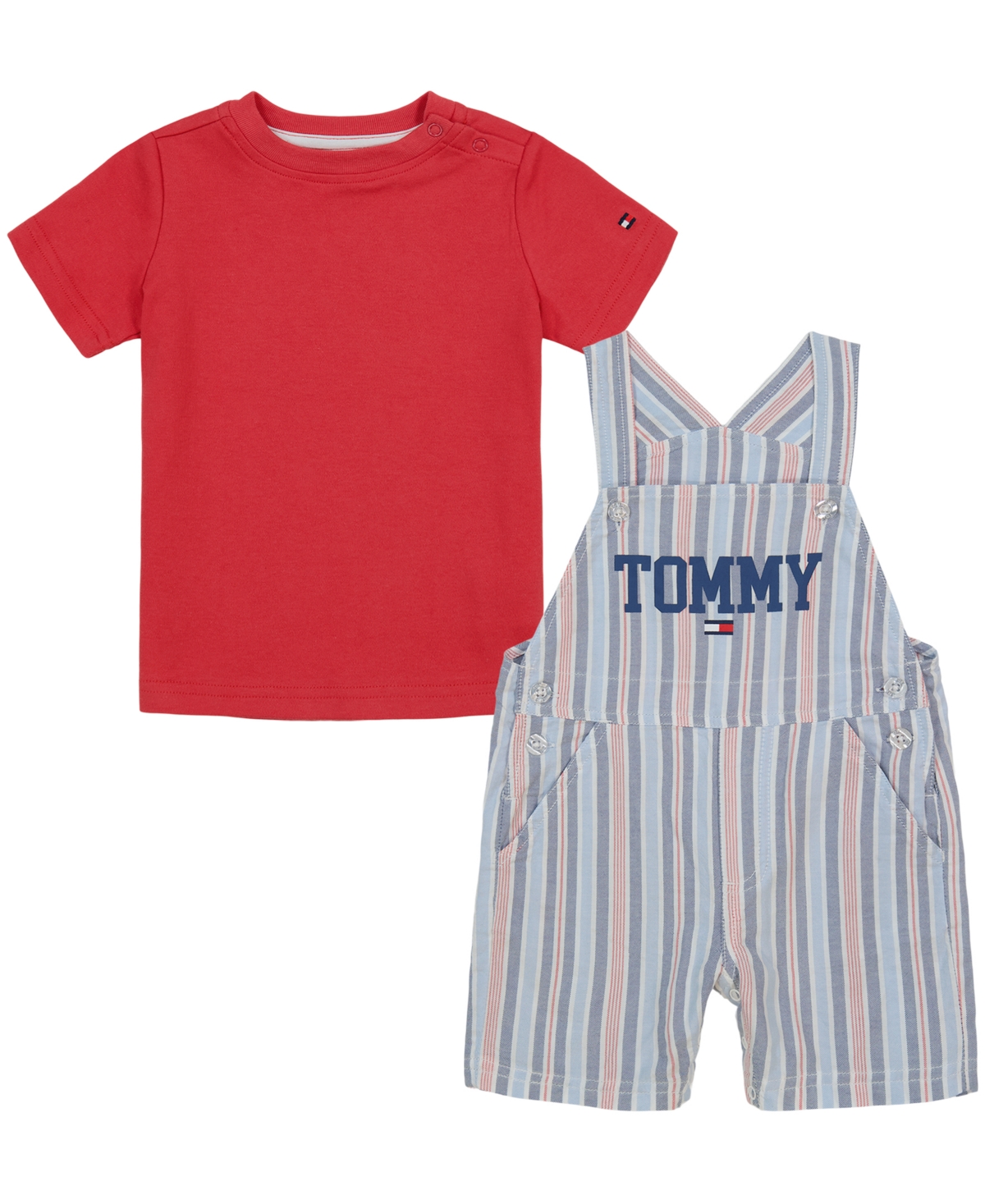 Tommy Hilfiger Baby Boys Short Sleeve Solid T-shirt And Oxford Stripe Shortalls Set In Stripes,red