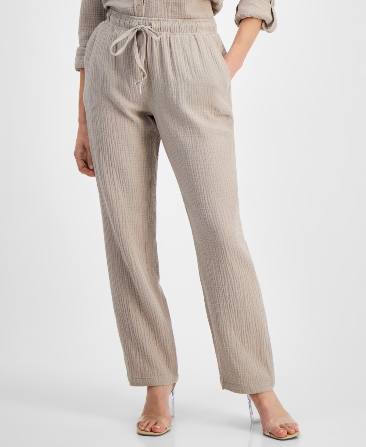 Shop Calvin Klein Jeans Est.1978 Petite Crepe Gauze Straight-leg Pants In Suede