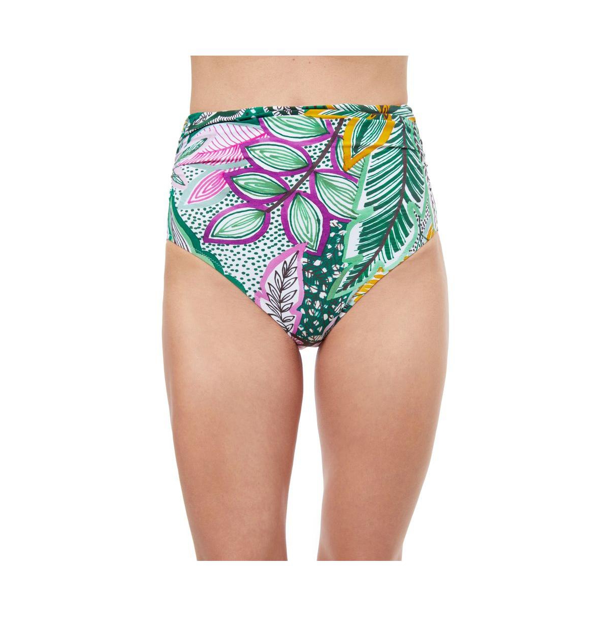 Women's Tropic Boom High Waist swim bottom with side shirring - Multi/green