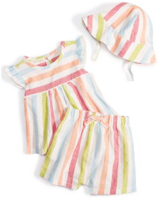 First Impressions - Baby Girls Beach Side Striped Hat, Top & Shorts, 3 Piece Set