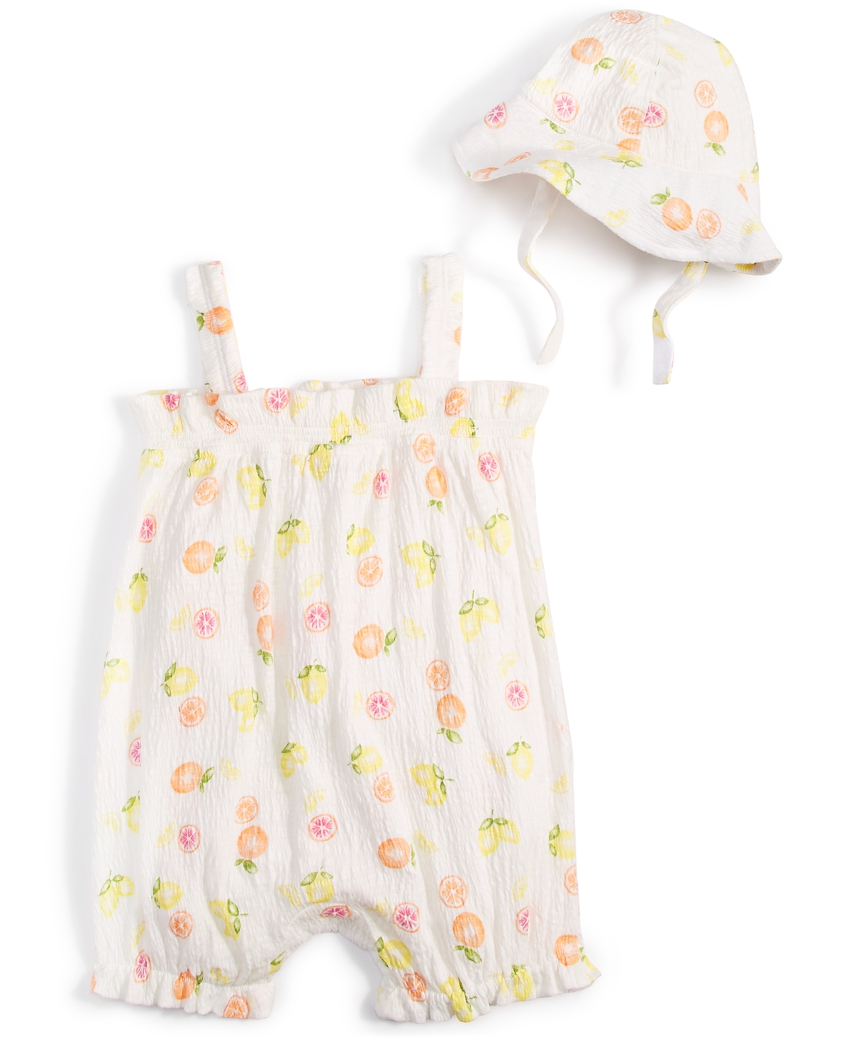 Shop First Impressions Baby Girls Soft Citrus Printed Romper & Hat, 2 Piece Set, Created For Macy's In Angel White