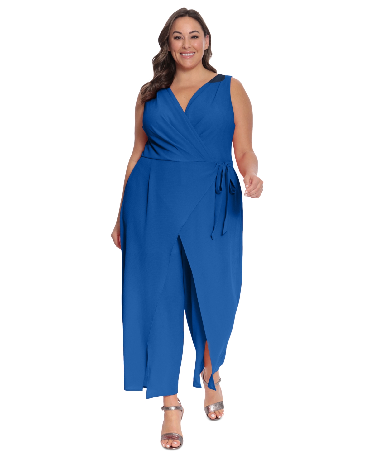 London Times Plus Size Sleeveless Sarong-tie Jumpsuit In Azure