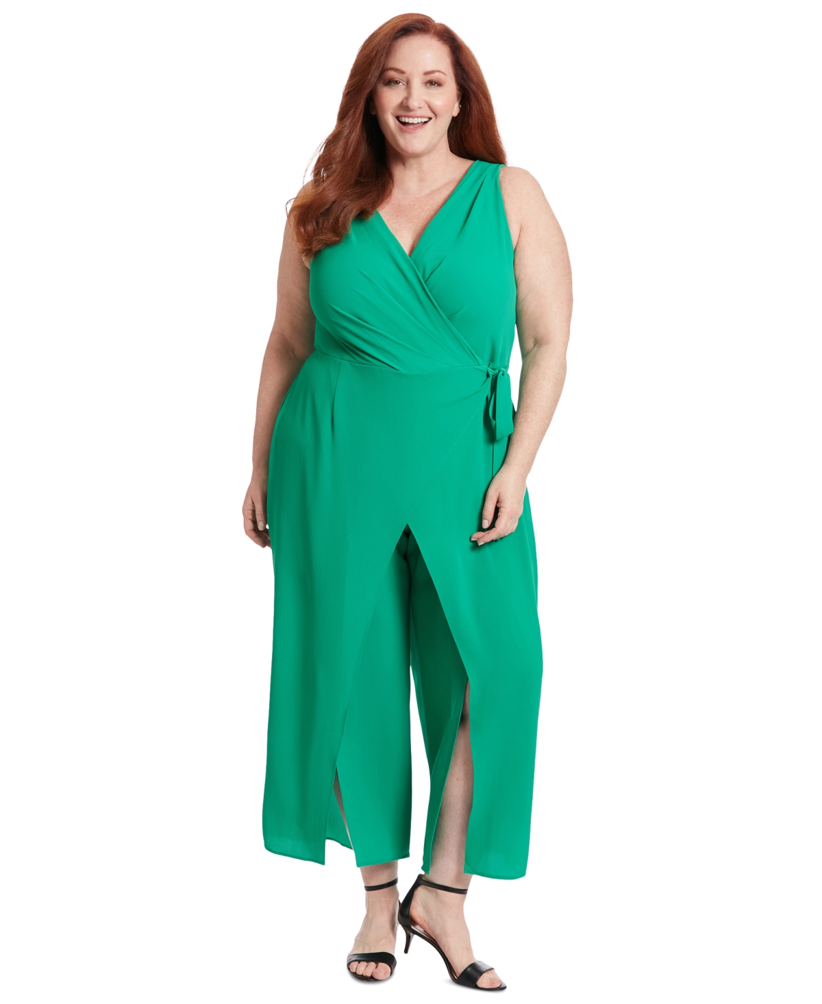 London Times Plus Size Sleeveless Sarong-tie Jumpsuit In Golf Green