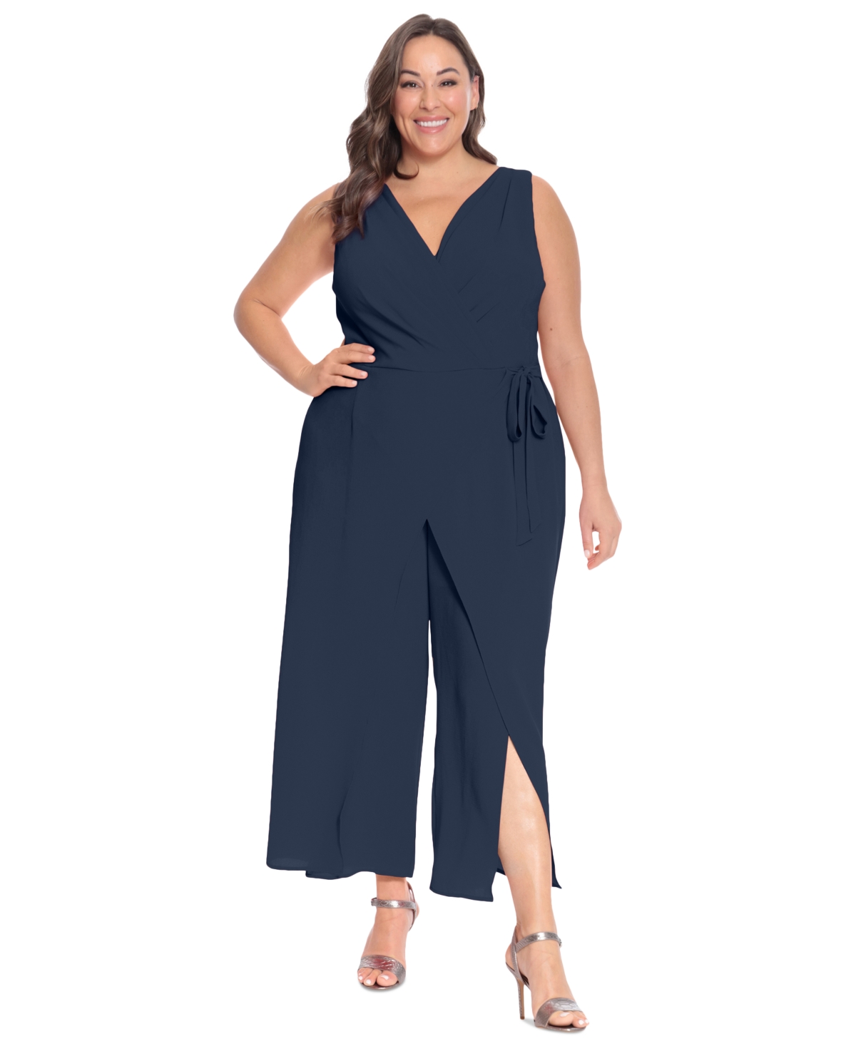 London Times Plus Size Sleeveless Sarong-tie Jumpsuit In Navy