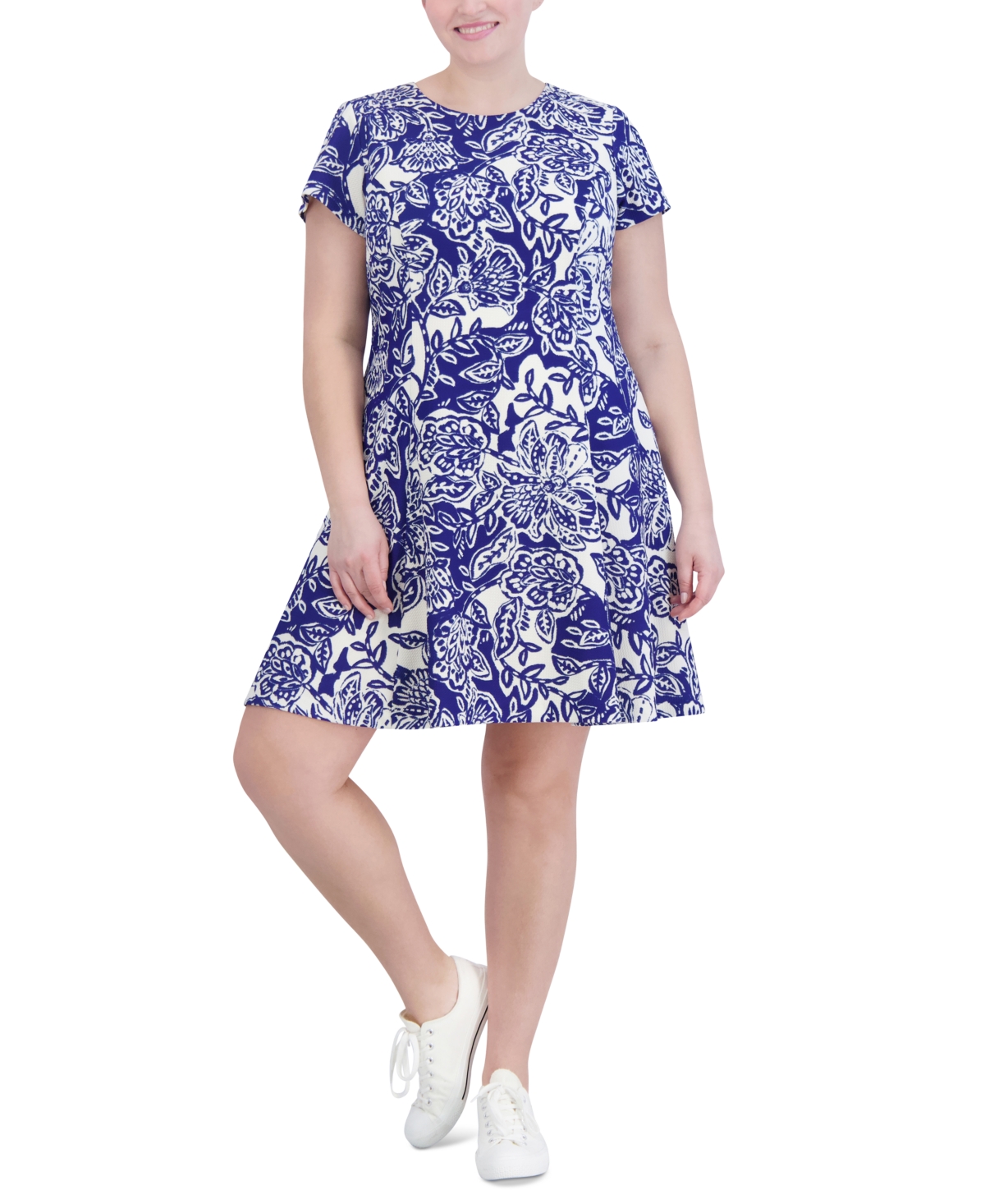 Plus Size Printed Short-Sleeve Fit & Flare Dress - Cobalt