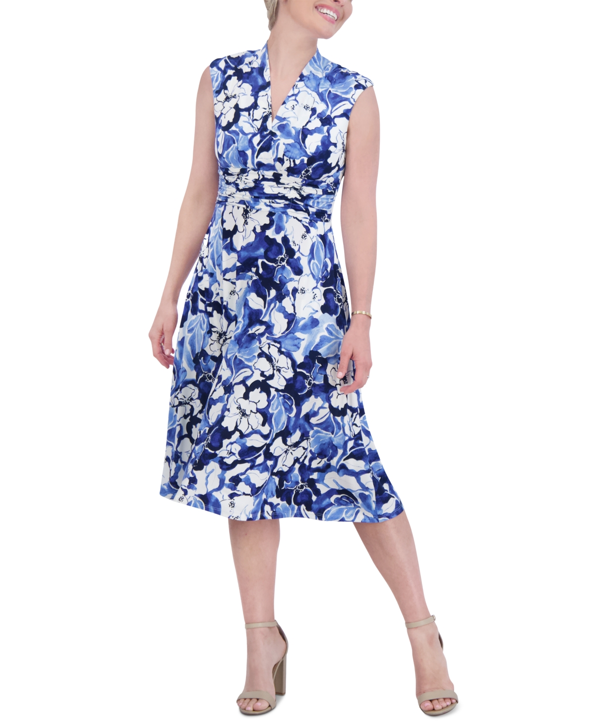 Shop Jessica Howard Petite Tonal Floral Surplice-neck Dress In Ivory Blue