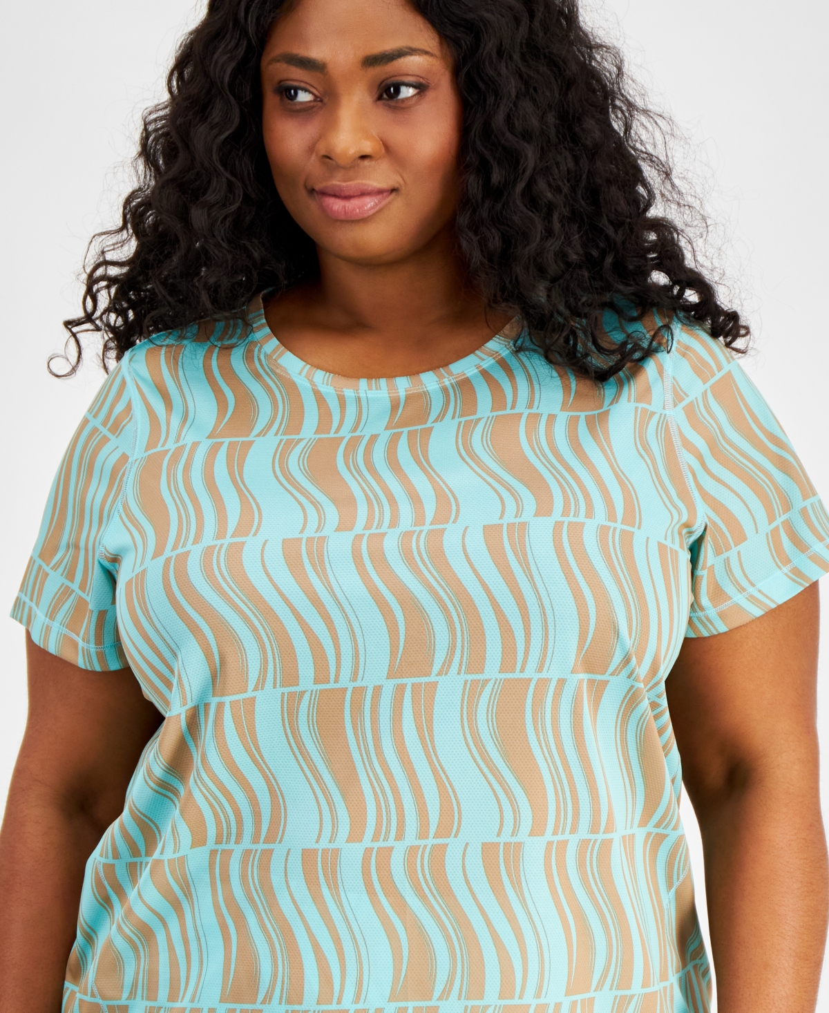Shop Id Ideology Plus Size Geo-print Mesh Short-sleeve Top, Created For Macy's In Ocean Sigh