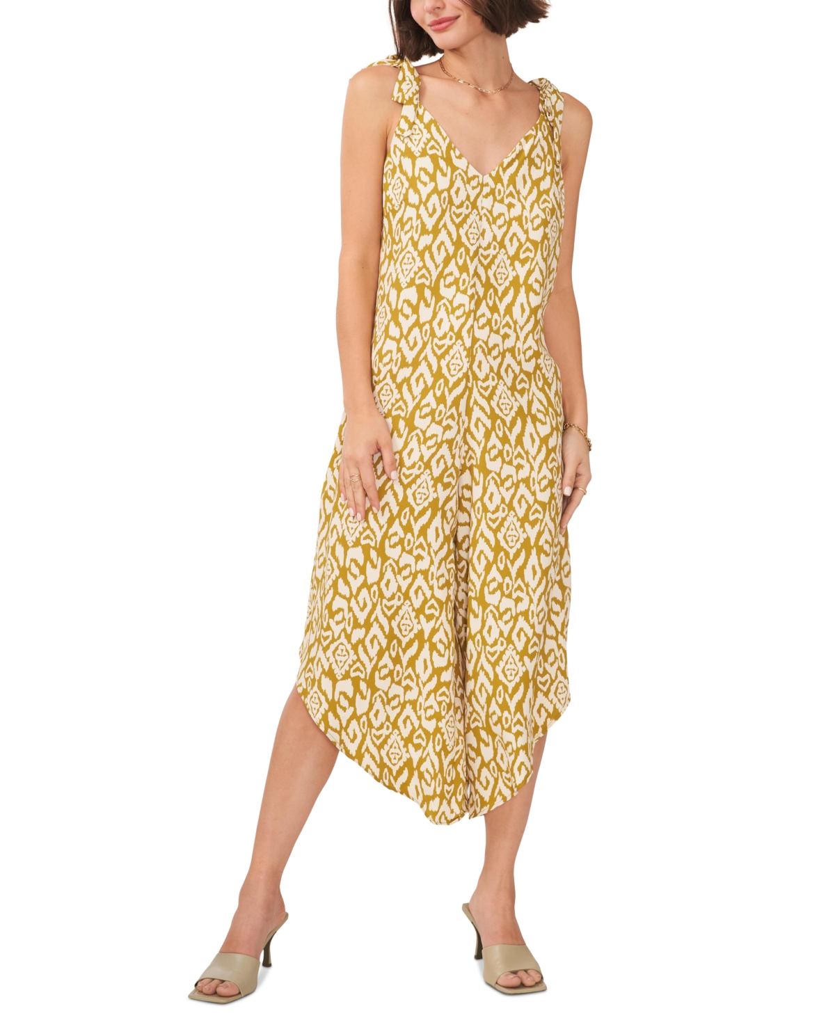 Vince Camuto Women's Printed Tie Shoulder Angled Hem Jumpsuit