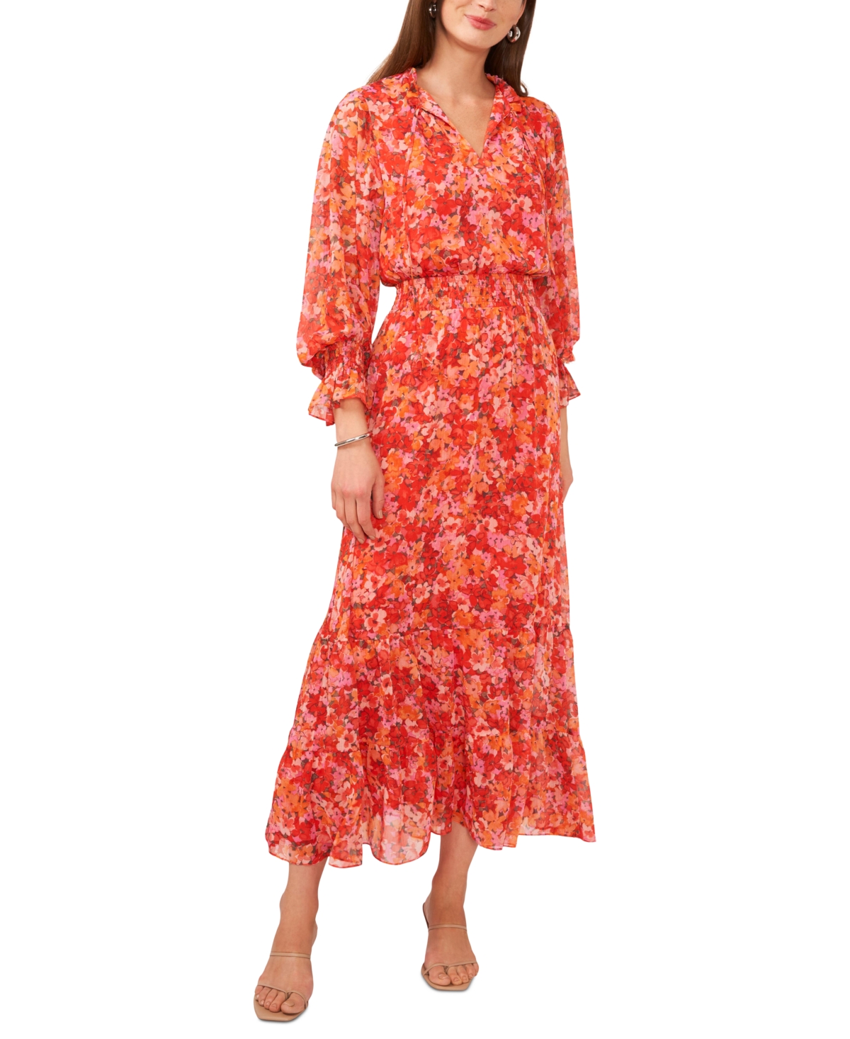 Shop Vince Camuto Women's Floral Smocked Waist Tie Neck Tiered Maxi Dress In Tulip Red