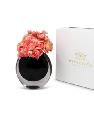 Black Glass Vase with Black Inlay and Pink Flowers