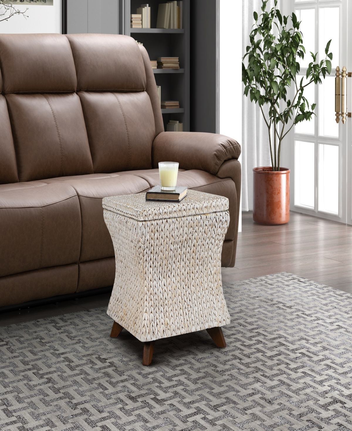 Gallerie Decor Bali Breeze Square Flared Storage Table, Ottoman In Whitewash Patina