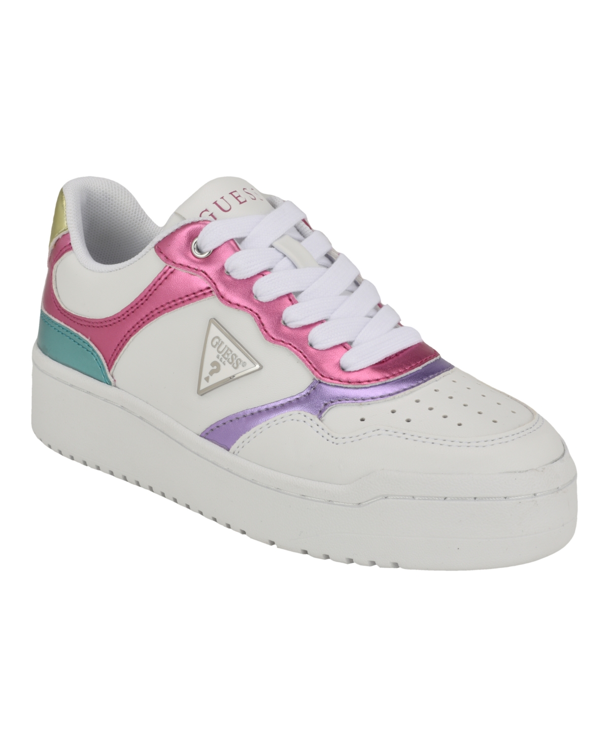 Shop Guess Women's Miram Platform Lace-up Court Sneakers In Pink Pastel Metallic Multi,white