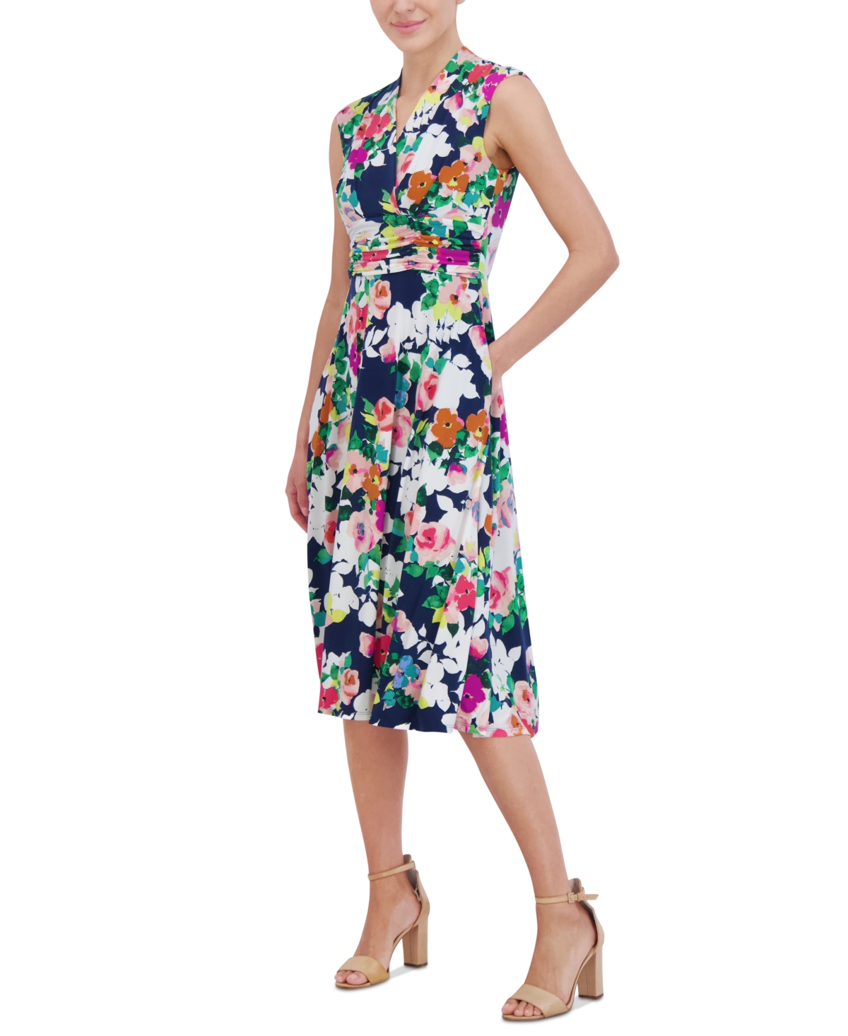 Jessica Howard Petite Floral Surplice-neck Dress In Navy,ivory