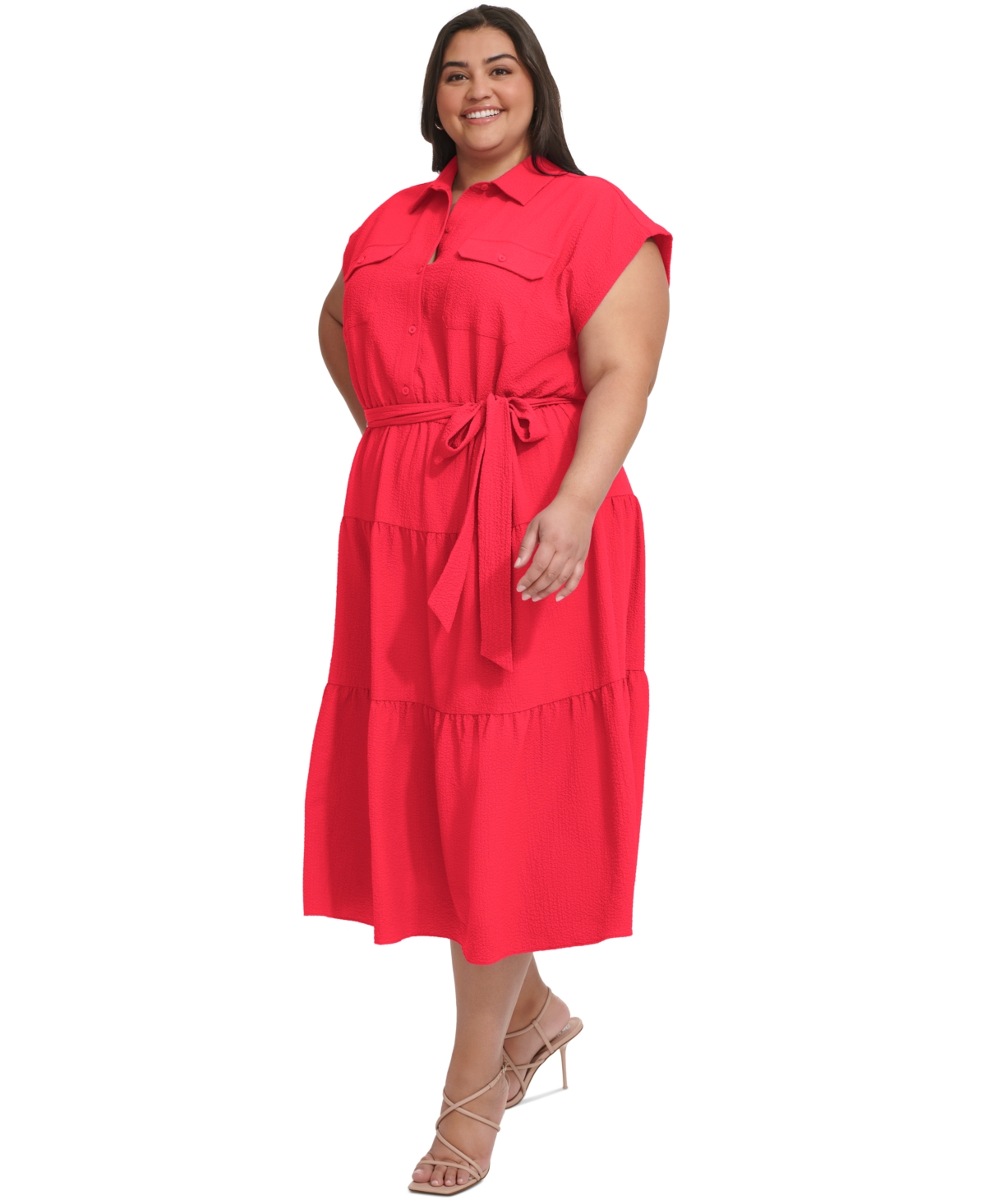 Shop Dkny Plus Size Tiered Fit & Flare Shirtdress In Lipstick