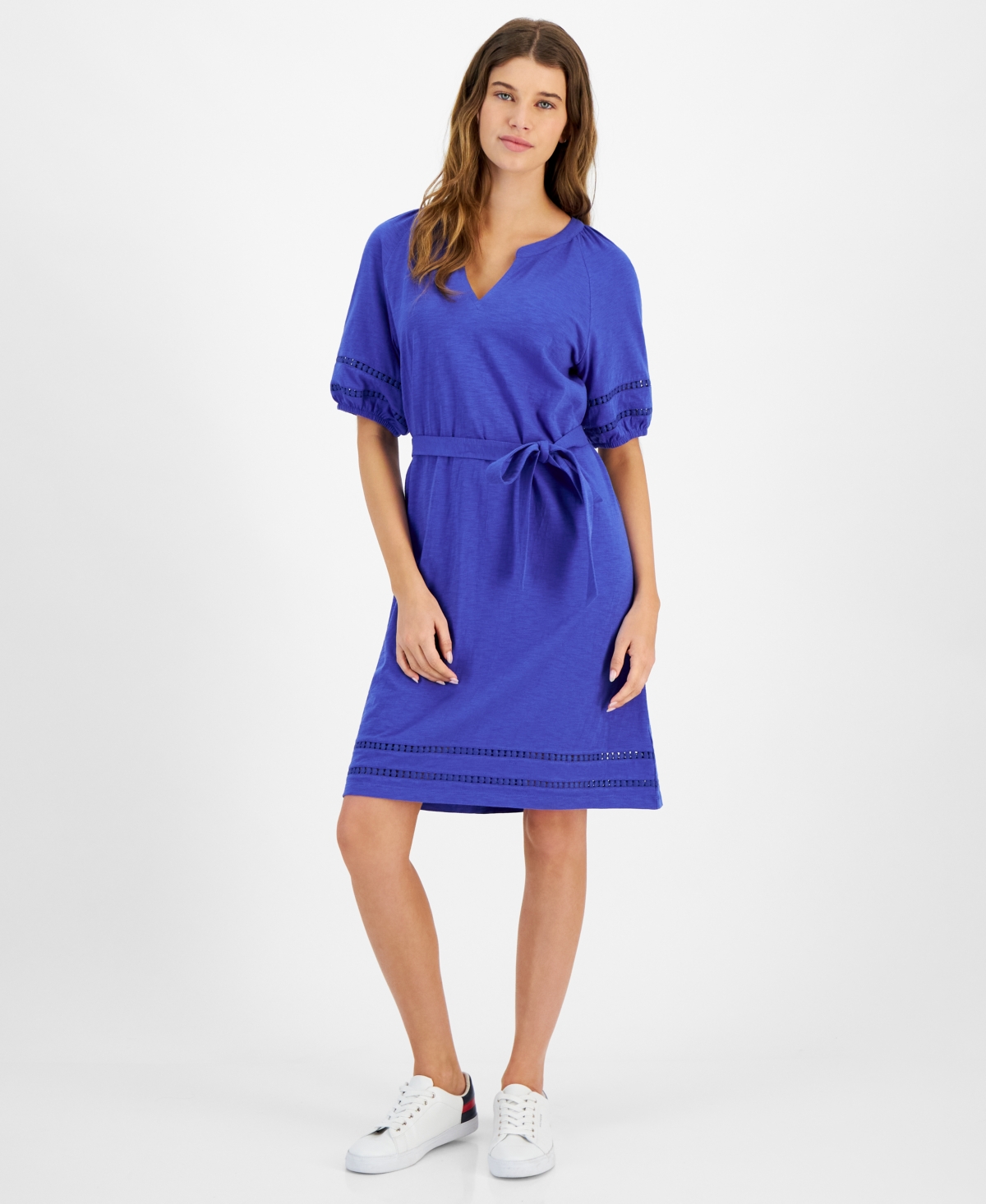 Shop Tommy Hilfiger Women's Cotton Belted Puff-sleeve Dress In Provence