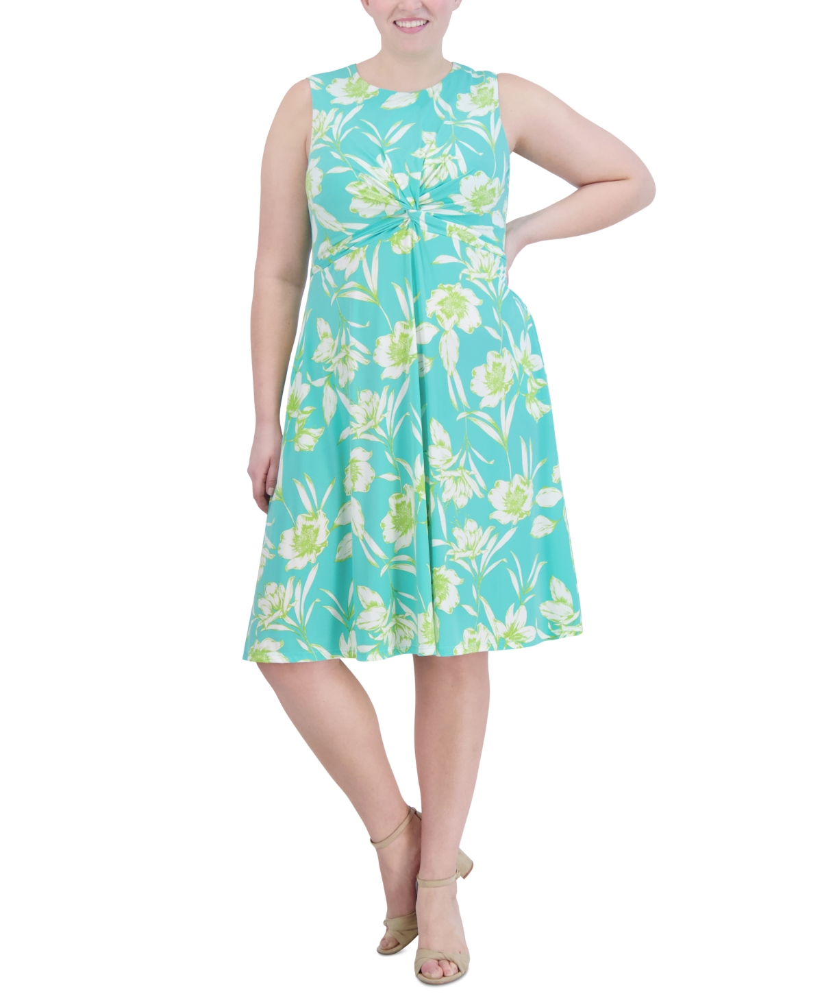 Plus Size Twist-Front Sleeveless Jersey Dress - Aqua