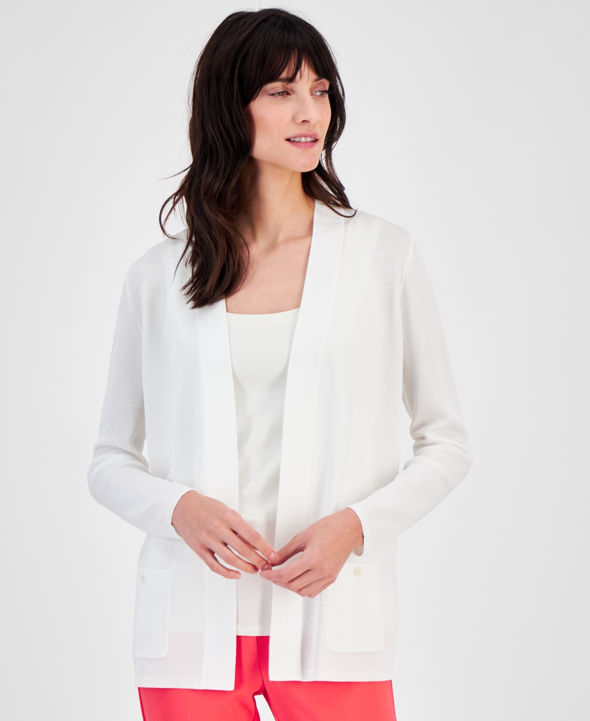 Shop Anne Klein Petite Malibu Open-front Relaxed-fit Cardigan In Bright White