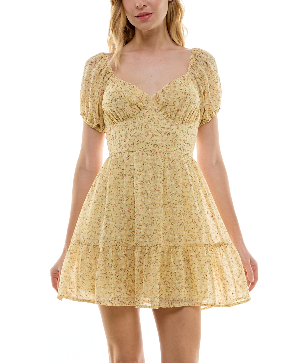 Shop Trixxi Juniors' Clip Dot Sweetheart-neck Woven Dress In Yellowflr