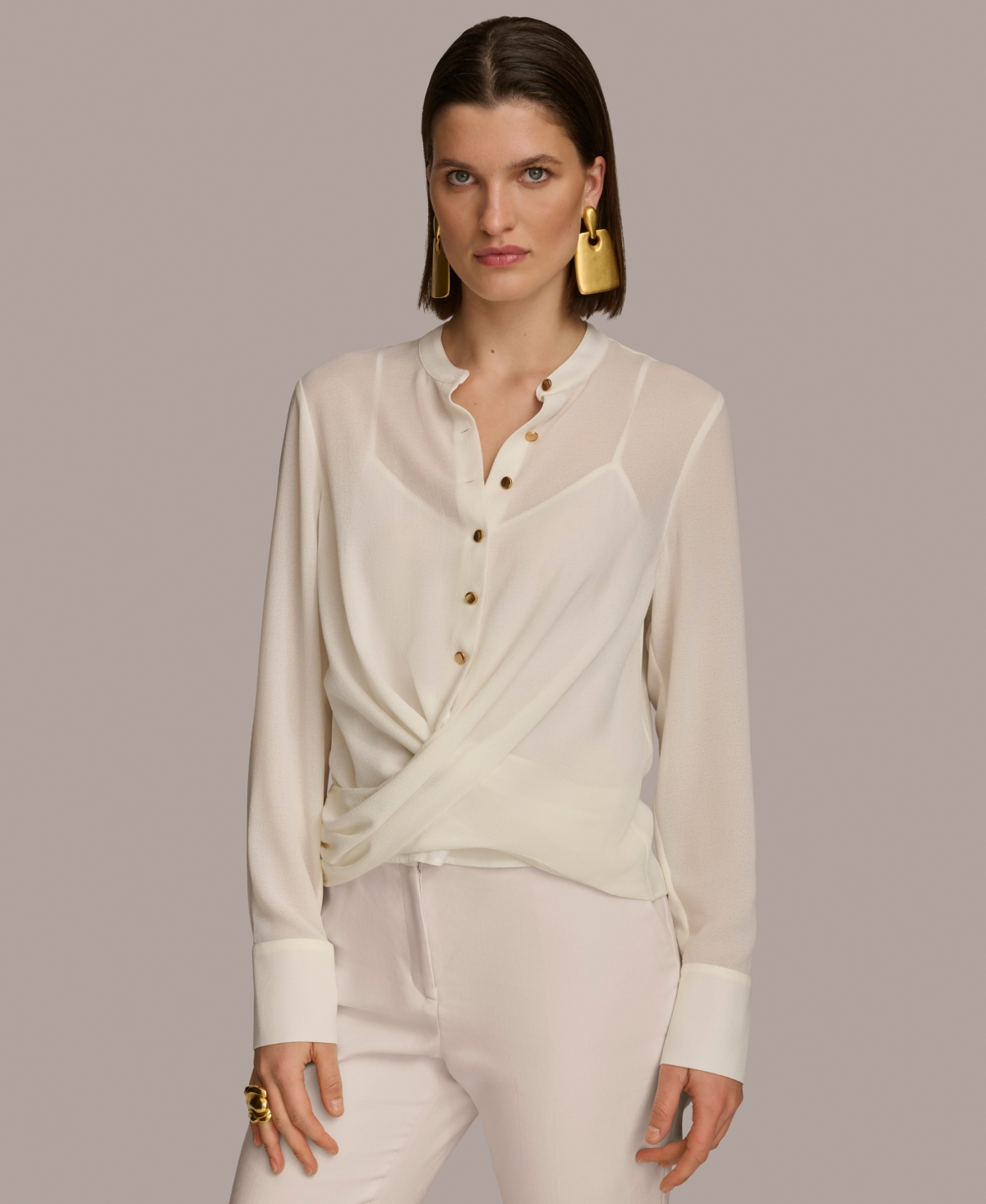 Women's Faux-Wrap Button-Front Long-Sleeve Top - Cream