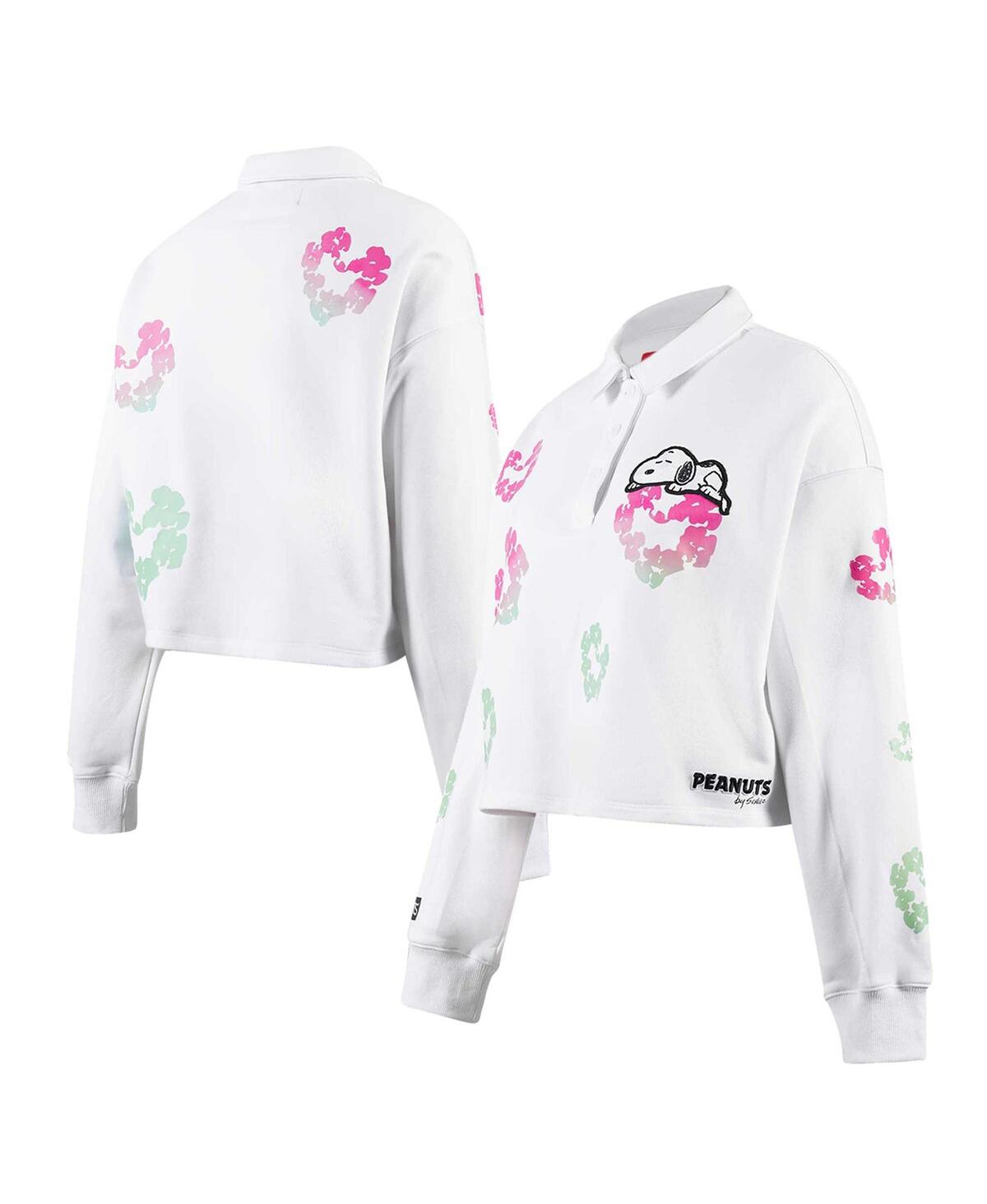 Freeze Max Women's  White Peanuts Snoopy Sweet Heart Long Sleeve Cropped Polo